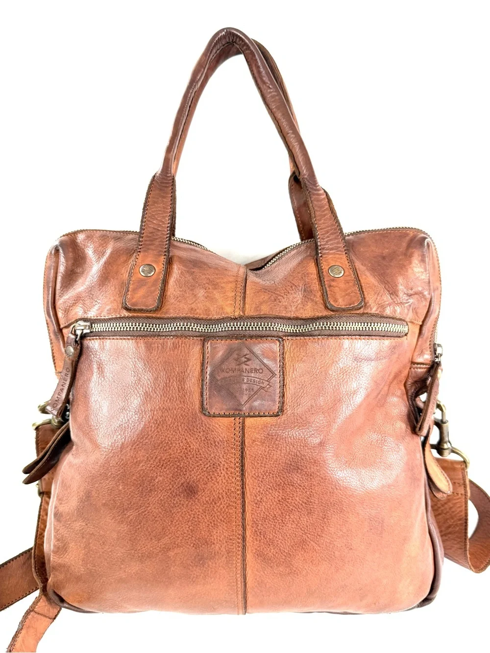 Kompanero Unisex Brown Woven Leather Laptop Bag Bronze Logo Hardware